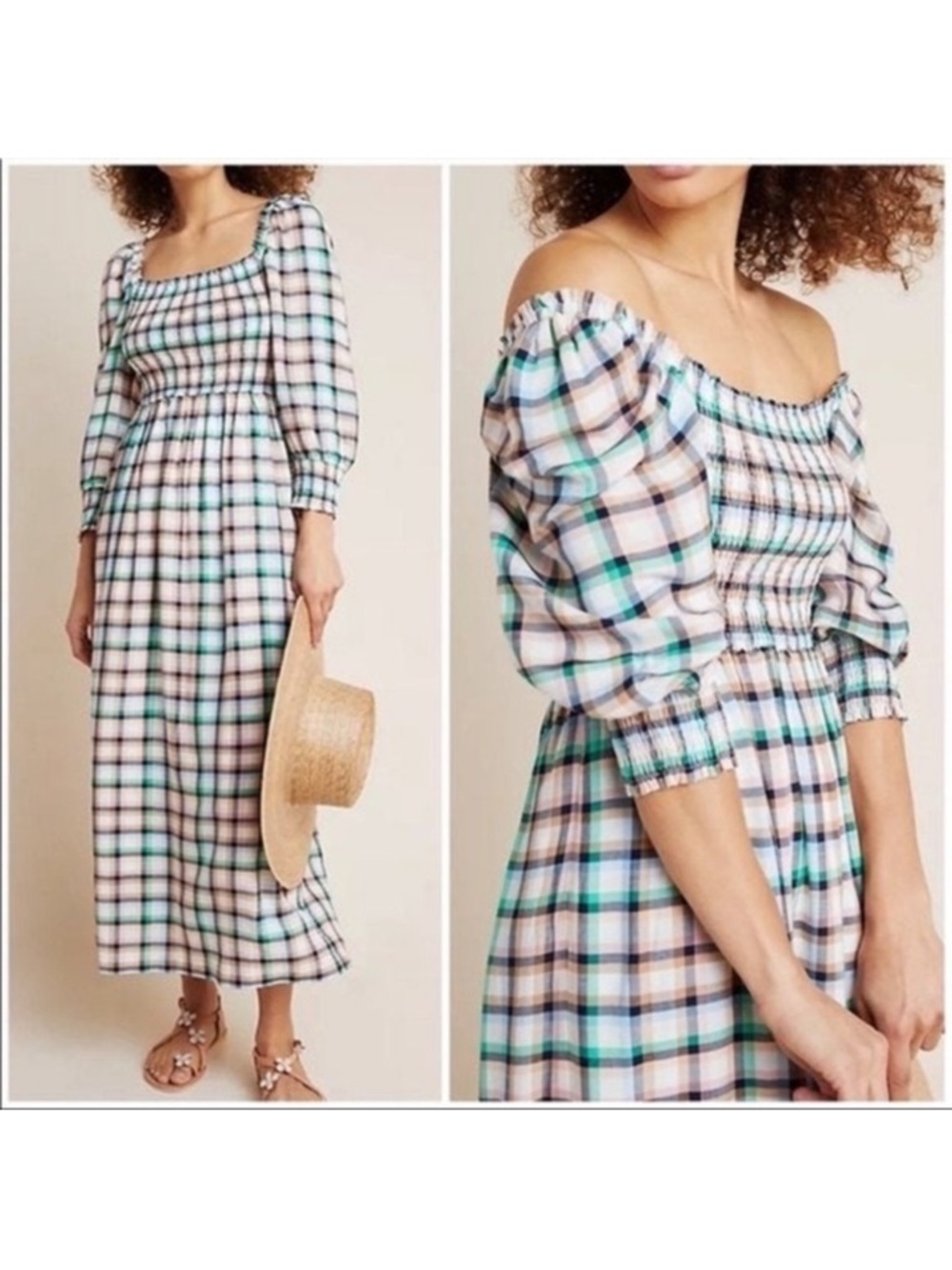 NWT Anthropologie Plaid Midi Dress in Pastel Green and Pink Size L